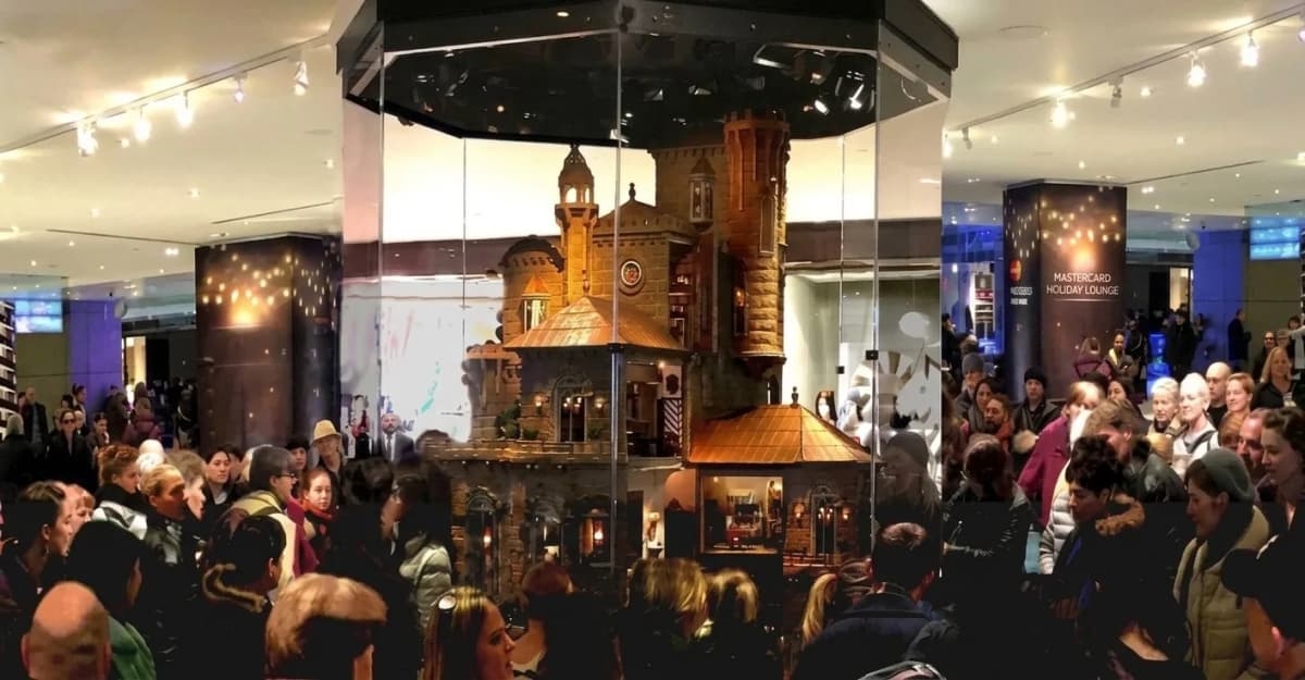 Crowds gather around the glass-enclosed Astolat Dollhouse Castle during its exhibition at The Shops at Columbus Circle