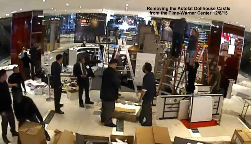 Crew dismantling the Astolat Dollhouse Castle at the Time Warner Center, December 2015