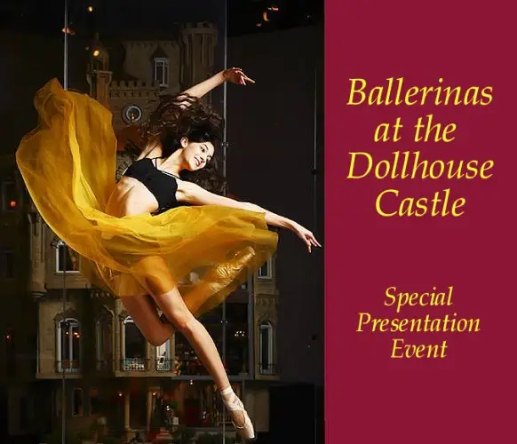 A ballerina leaping in a flowing gold skirt, from the Ballerinas at the Dollhouse Castle event